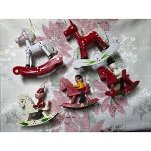 Wooden Rocking Horse Christmas Tree Ornament Hand-Painted Vintage Taiwan Lot 5